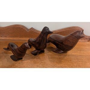 Set of 3 Vintage Hand Carved Ironwood Seal Sea Lion Sculptures Modernist Mexico